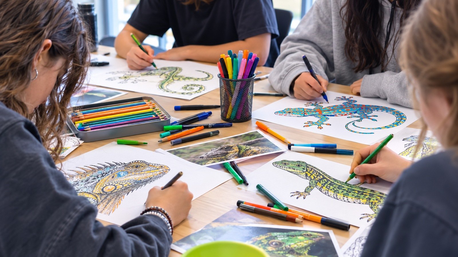 Young people creating reptile-inspired artwork